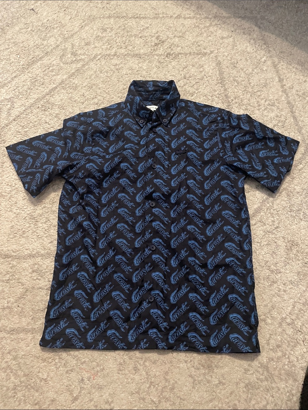 Lacoste Navy Short-Sleeve Button-Down with Blue Script Print